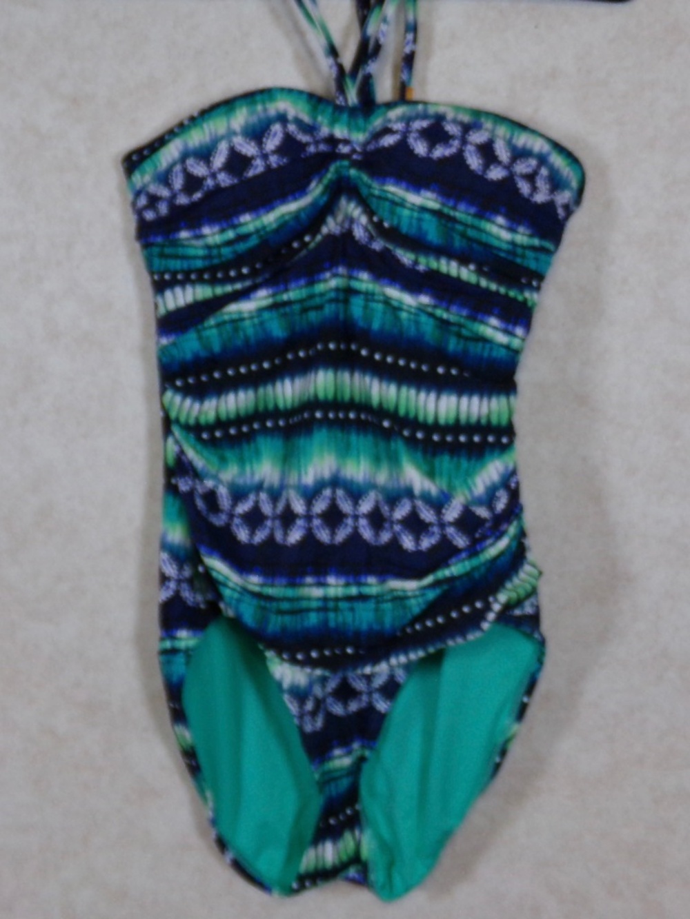 NWT Bleu|Rod Beattie Navy/Aqua Tye Dye 1 PC Swim Suit Double Lace Tie Neck Sz10